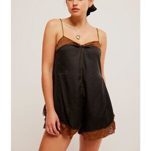 NWT FREE PEOPLE Black and Brown Lace Trim Romper